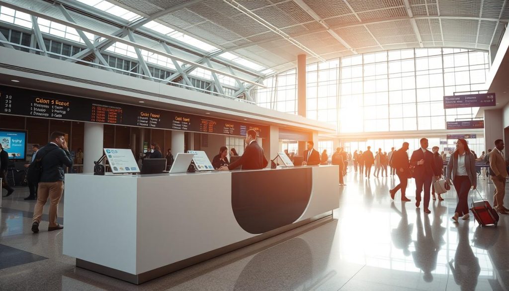 A busy airport terminal with travelers walking and a staffed information desk in the foreground. Sunlight streams through large windows, and electronic flight information boards hang above.