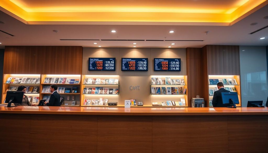 A modern bank counter with two employees assisting customers, representing the best forex provider in Chennai. Behind the counter, shelves hold brochures and four digital screens display currency exchange rates under bright, warm lighting.