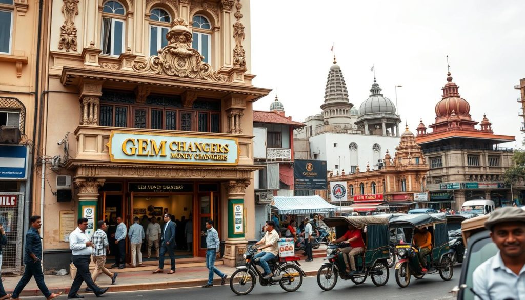 A busy street scene with people, auto rickshaws, and cars in front of the ornate GEM CHANGERS building, known as the best forex provider in Chennai. Historic temple domes and traditional architecture rise in the background.