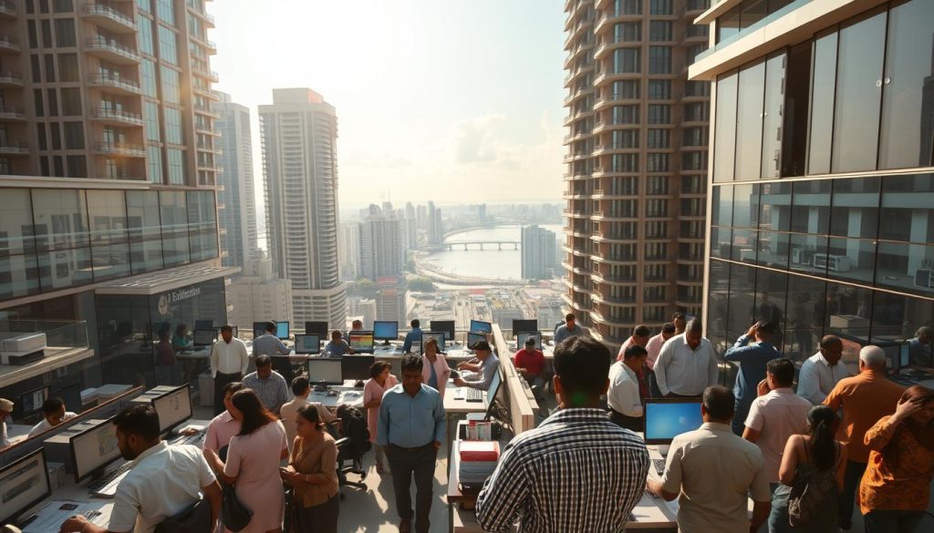 A large group of people work at computer stations on an outdoor terrace between tall city buildings, perhaps discussing the best currency exchange rates in Chennai, with a river and bridges visible in the background under a bright sky.